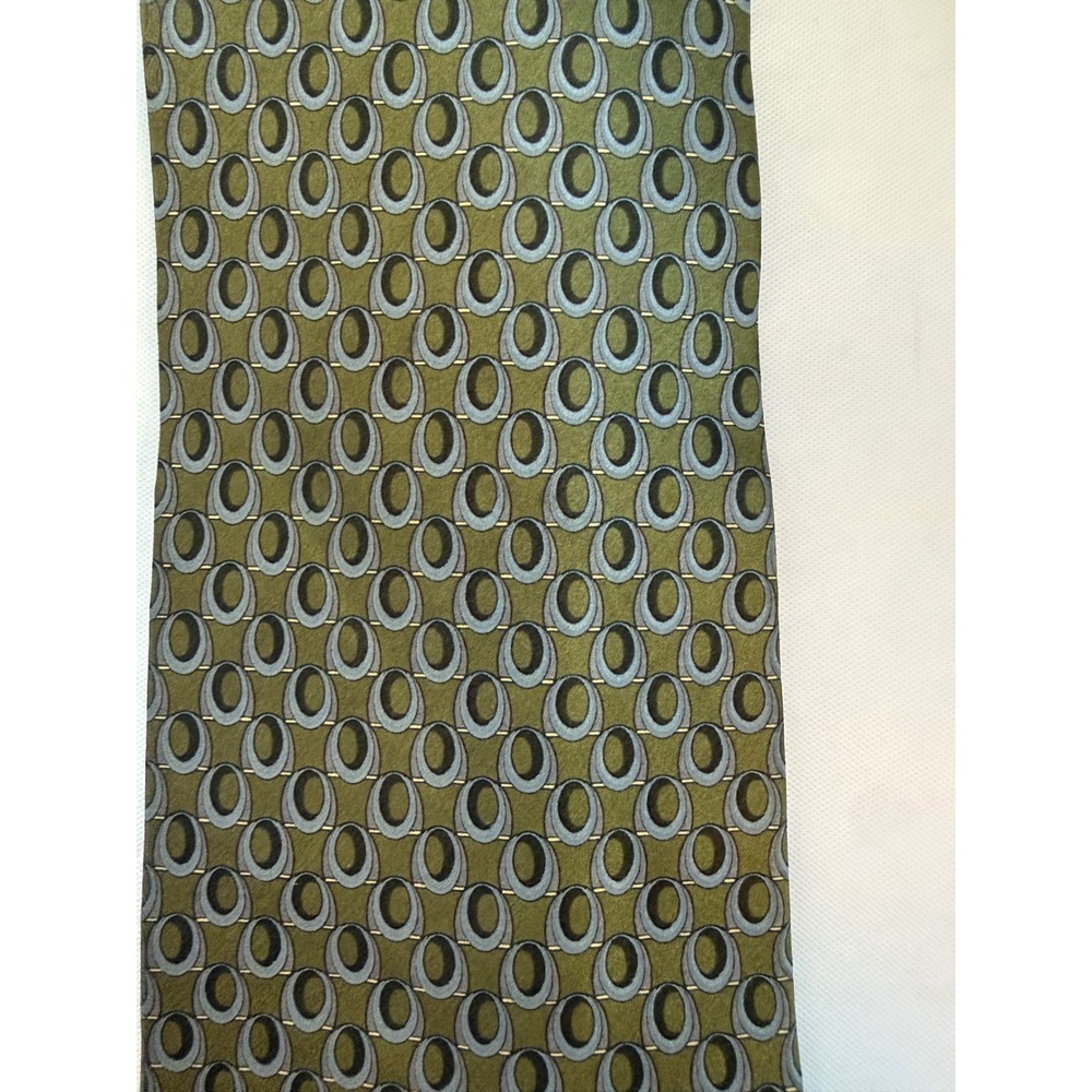 Kolte Italy Mens Silk Tie Olive Green Grey Geometric Oval Pattern Handmade Italy - Picture 2 of 6